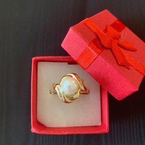 NWT Genuine 14K Gold Pearl Diamond Ring Sz 7.5
